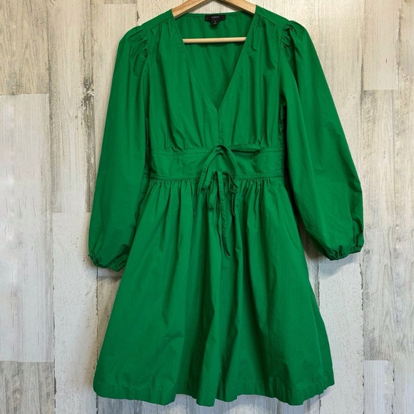 J. Crew Green V-neck Cotton Poplin Mini Dress Size 2 Puff Sleeve - Picture 4 of 13